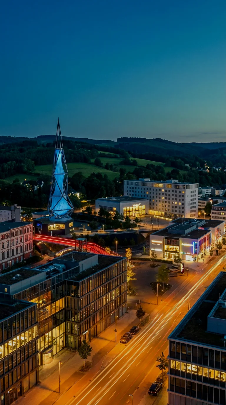 Modernes Lüdenscheid Stadtpanorama mit Phänomenta-Turm zur blauen Stunde