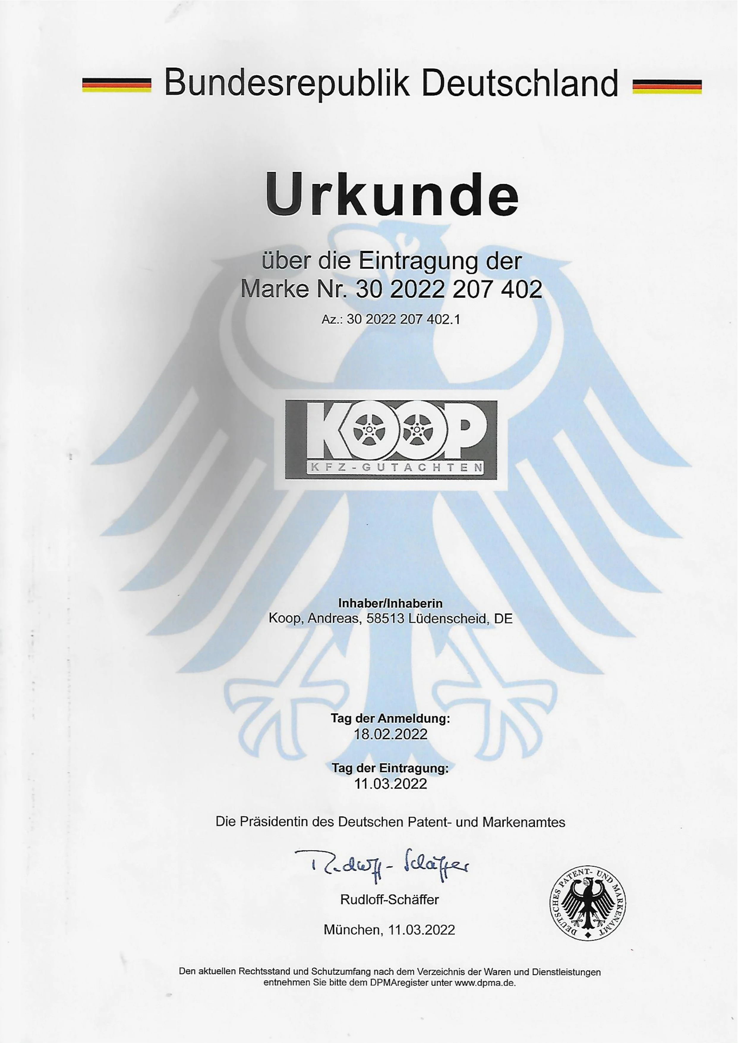 Markenurkunde KOOP KFZ-GUTACHTEN - Eingetragene Wort-/Bildmarke beim Deutschen Patent- und Markenamt